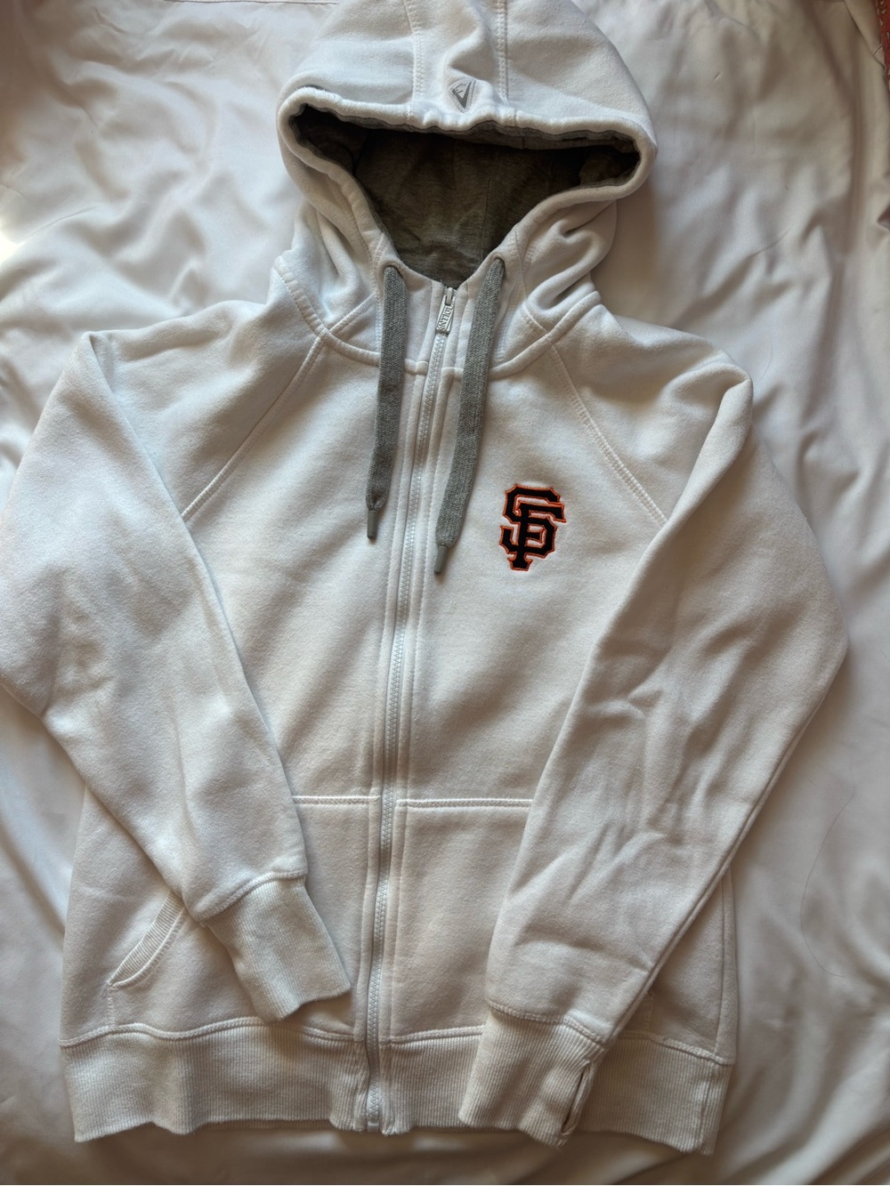 Antigua MLB White Hooded Zip Jacket with Gray Drawstrings & Orange SF Logo